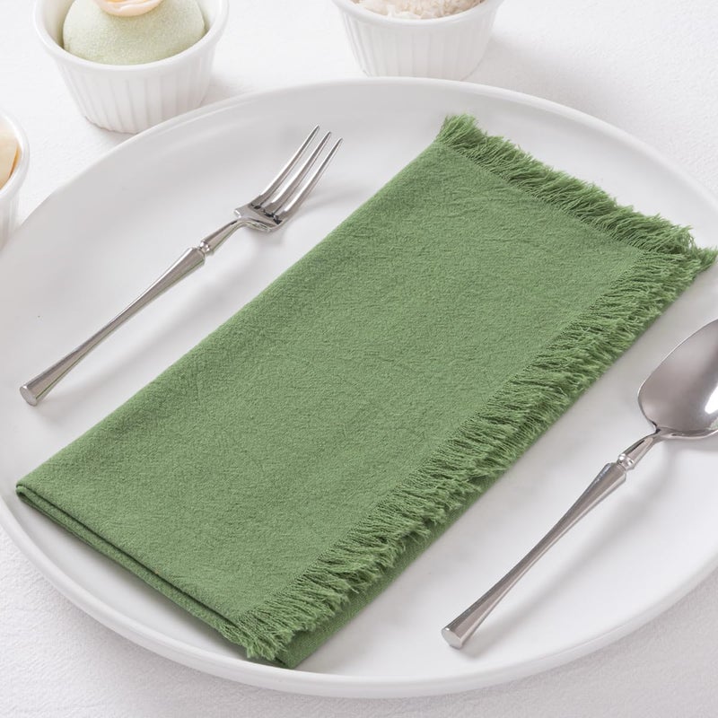 DeZerlor 12 Pack Sage Green Cotton Linen Napkins with Fringe Thanksgiving Fall Cloth Napkins Set of 12 Boho Handmade Dinner Table Napkins Bulk for Wedding Baby Shower Christmas Parties, 17 x 17 Inches - Image 1